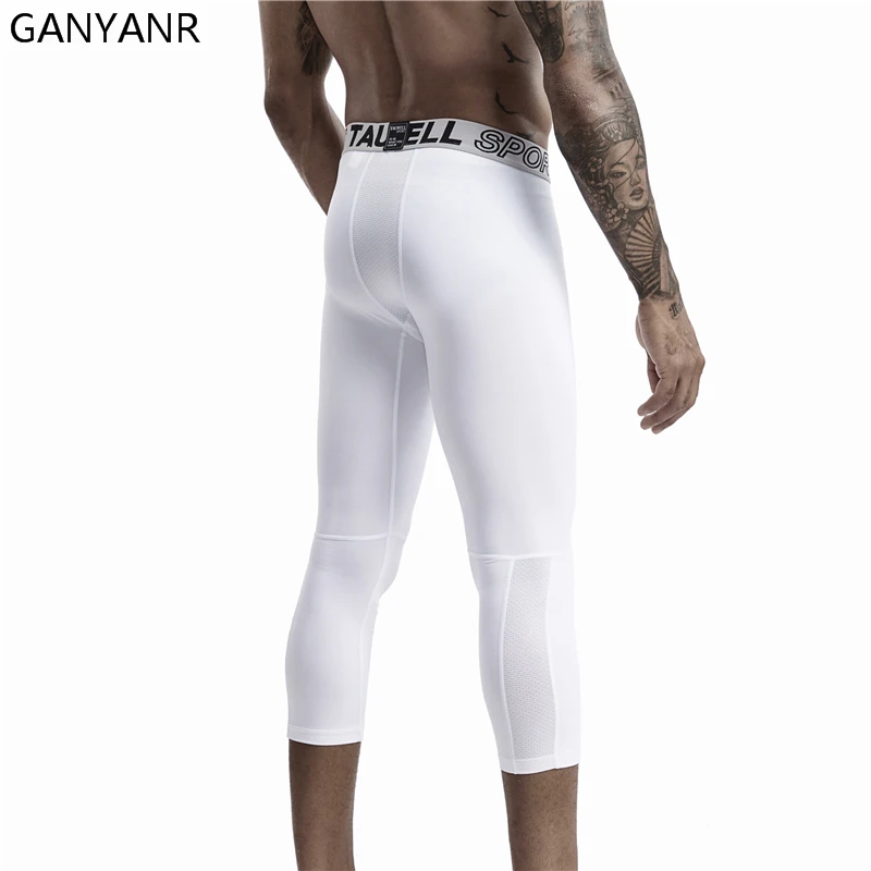 GANYANR Men Compression Pants Running Tights Gym Leggings Basketball Sports Fitness Sexy 3/4 Length Training Soccer Workout