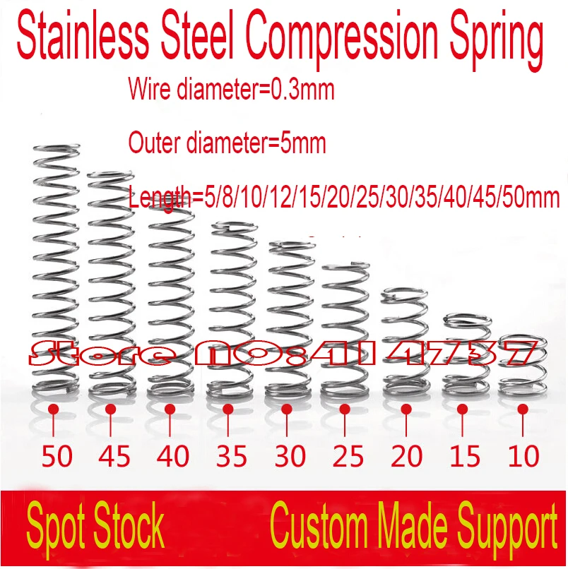 50pcs/lot 0.3*5*5-50mm  stainless steel 304 Small spot spring 0.3mm wire micro spring compression spring pressure spring OD=5mm