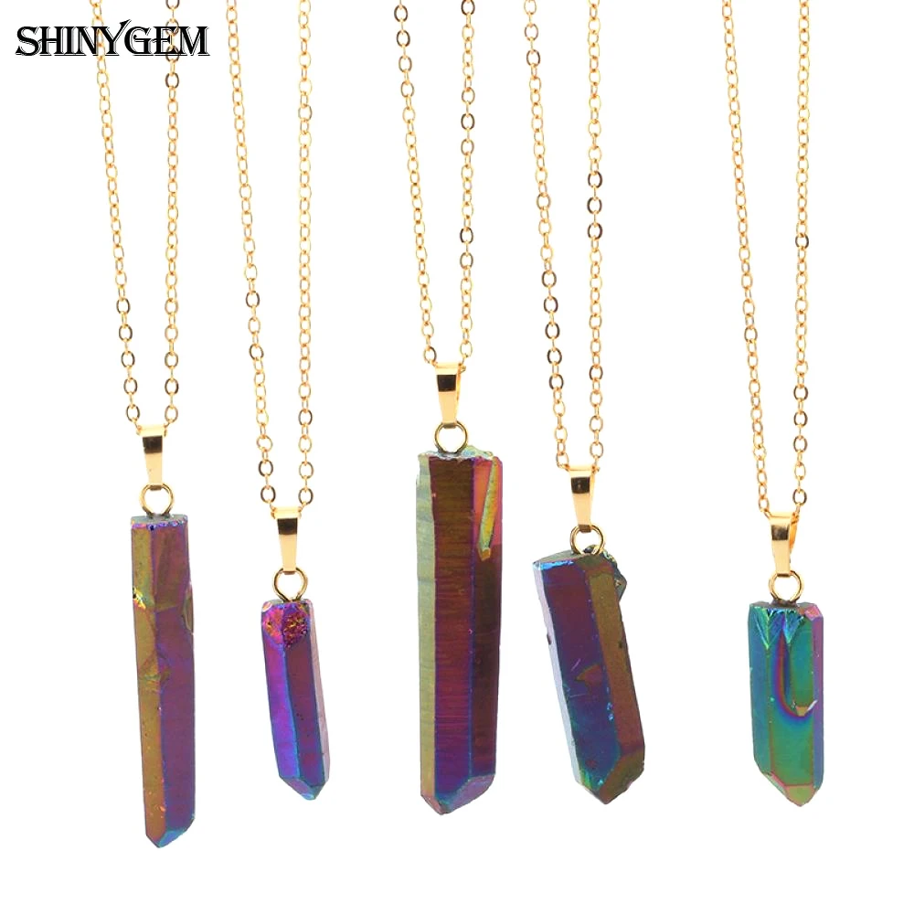 

ShinyGem 5Pcs Irregular Natural Crystal Druzy Pillar Necklaces Rainbow Chakra Energy Quartz Stone Pendant Necklaces For Women