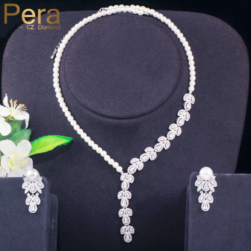 Pera Fashion Brand Wedding Jewelry Long Dangle CZ Crystal Leaf Bridal Simulated Pearl Neckalce Earrings Set for Brides J345