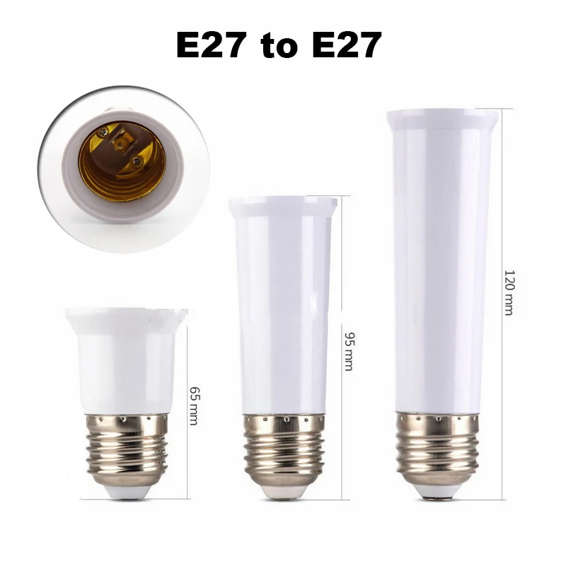 Extensor de lámpara E27 a E27, Base de portalámparas, adaptador de enchufe de extensión, convertidor de luz LED, 65mm, 95mm, 120mm