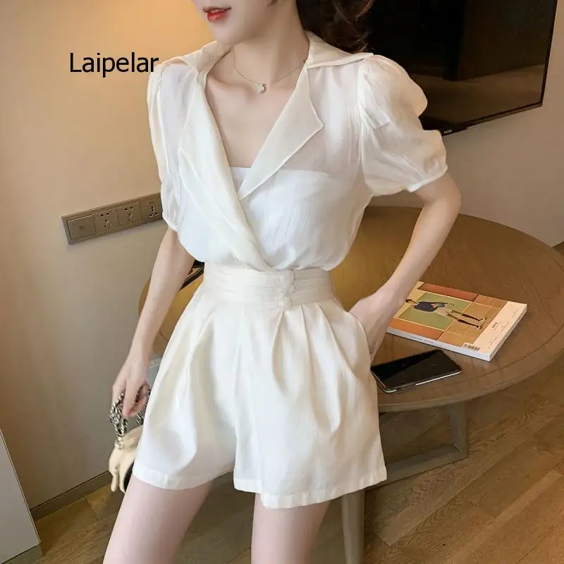 2020 New Summer Women Fashion Suit Ladies V Neck Casual Chiffon Blouse Tops + High Waist Wide Leg Shorts Two Pieces Set Z159