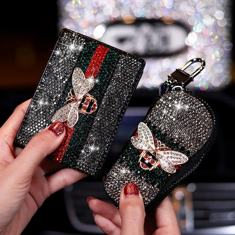 Bling Crystal Little Bee Leather Car Key Case Key Holder Zipper Key Wallet Drivers License Bag Car Accessories For Women Girls