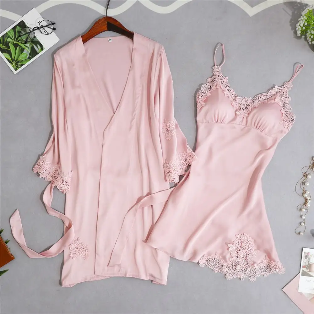 Robe Gown Sets Women Summer Lace Silk Dress Leisure Elegant 2pcs Sleep Lounge Robe Sleepwear Womens Nightdress Soft Bathrobe New