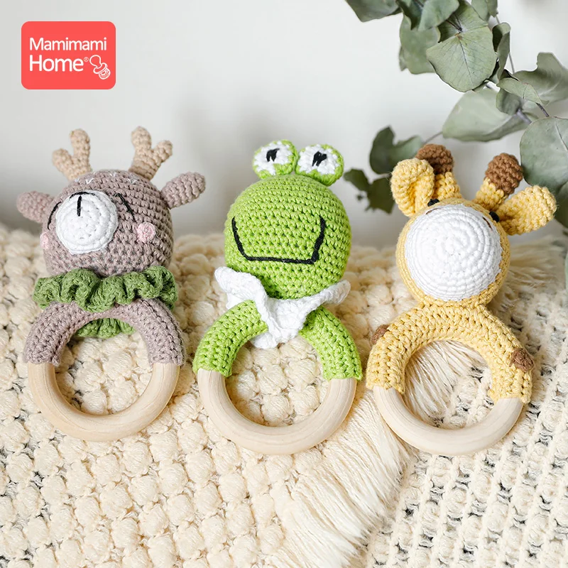 1Pc 아기 나무 Teether 크로 셰 뜨개질 봉제 동물 반지 음악 딸랑이 팔찌 DIY 사용자 정의 젖꼭지 체인 아기 몬테소리 완구 선물