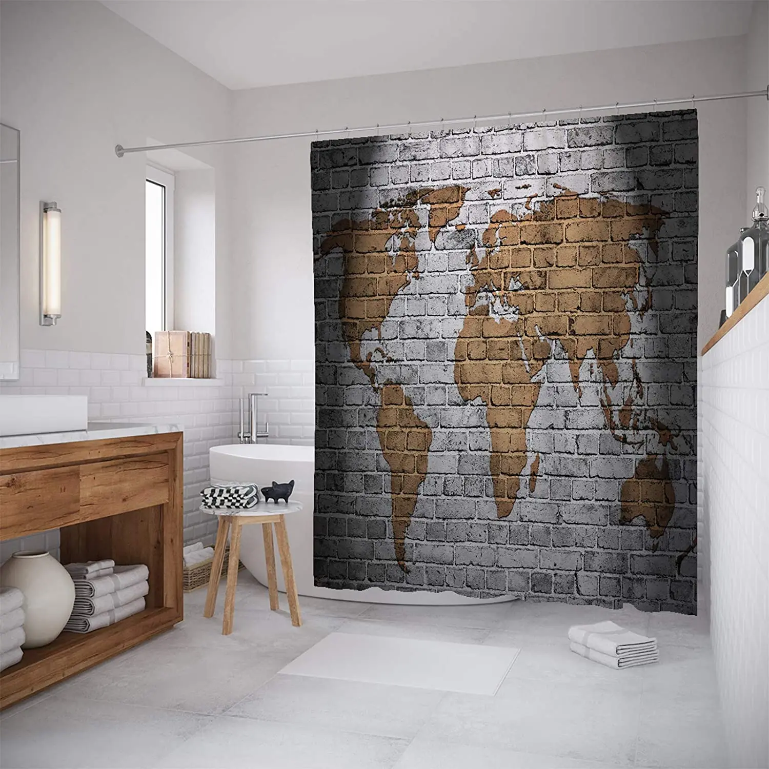 Wanderlust Decor Shower Curtain Set World Map On Old Brick Wall Countries Continents Creative Aged Vintage Rough Bathroom