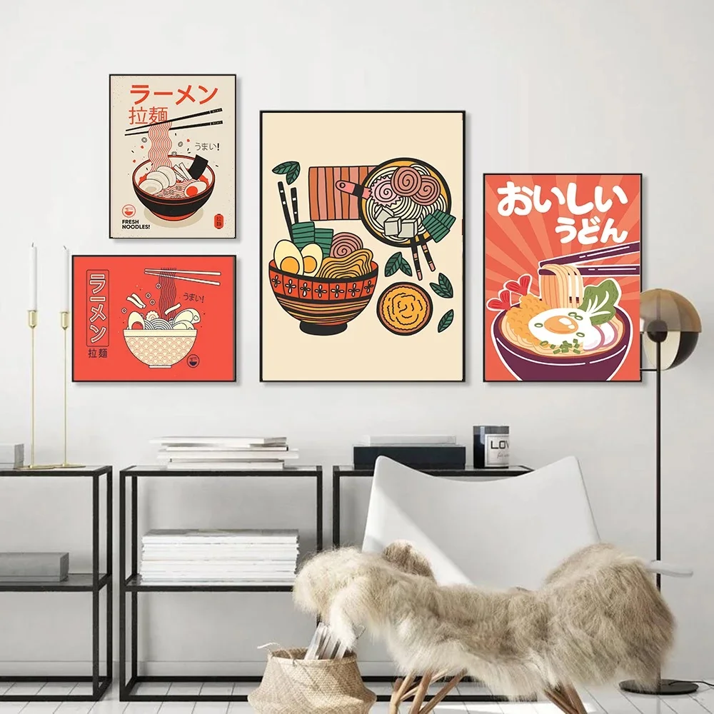 Póster de lienzo de Ramen Noodles con huevos, pintura de comida de Sushi Vintage japonesa, imagen de decoración de Arte de pared de restaurante de cocina Retro