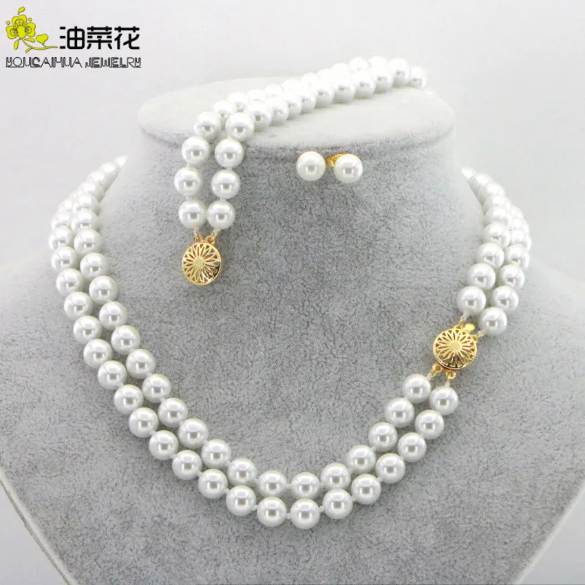 Fashion 2 Rows 8mm White Akoya Shell Pearl Round Beads Necklace Bracelet Earring Set Woman Girl Christmas Gifts Wholesale Prices