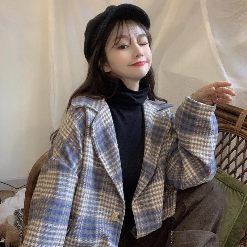 Blazers de otoño-invierno para mujer, abrigos holgados de media-larga con muescas, a cuadros, Vintage, elegantes, sencillos y fáciles de combinar, Ulzzang