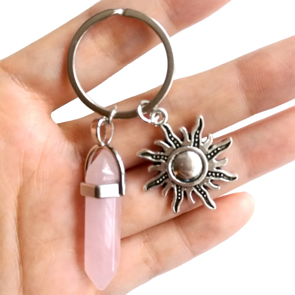 Natural Stone Hexagonal Column Couple Keychain Women Opal Quartz Key Chains With Sun Moon Trinket Wedding Party Lovers Gift