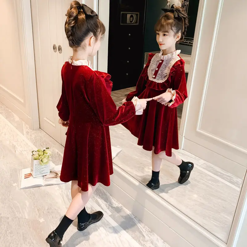 Winter Korea Velvet Fashion  Dresses Lace Flower Girl Dresses Online Layers Baby Girl Princess Dress Kids Clothes Present Dress