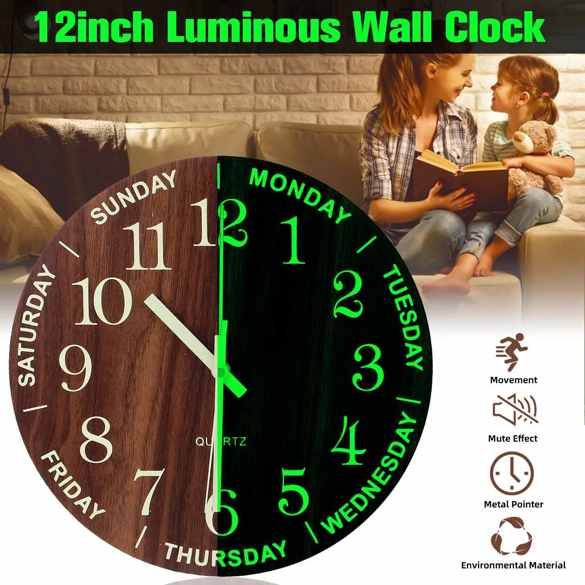 12 inch Luminous Wall Clock Non Ticking Silent Night Glow In the Dark Quartz Wall Clock MDF Horologe Watch Timer Home Decor