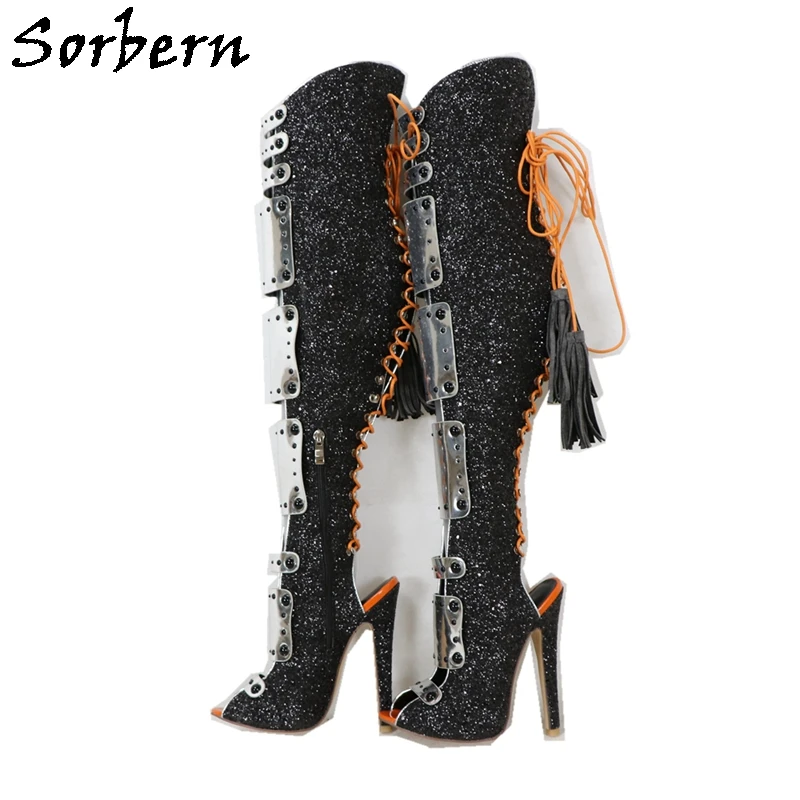 Sorbern Punk Style Sequins Boots Women Mid Thigh High Over The Knee Lady Boot Open Toe Lace Up Stilettos Size 36 With 14Cm Heel