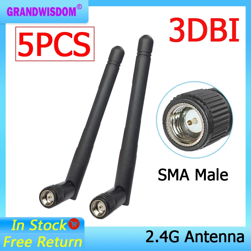 Grandwisdom 5pcs 2.4g antena 3dbi sma macho wlan wifi 2.4ghz antene pbx iot módulo roteador receptor de sinal antena alto ganho