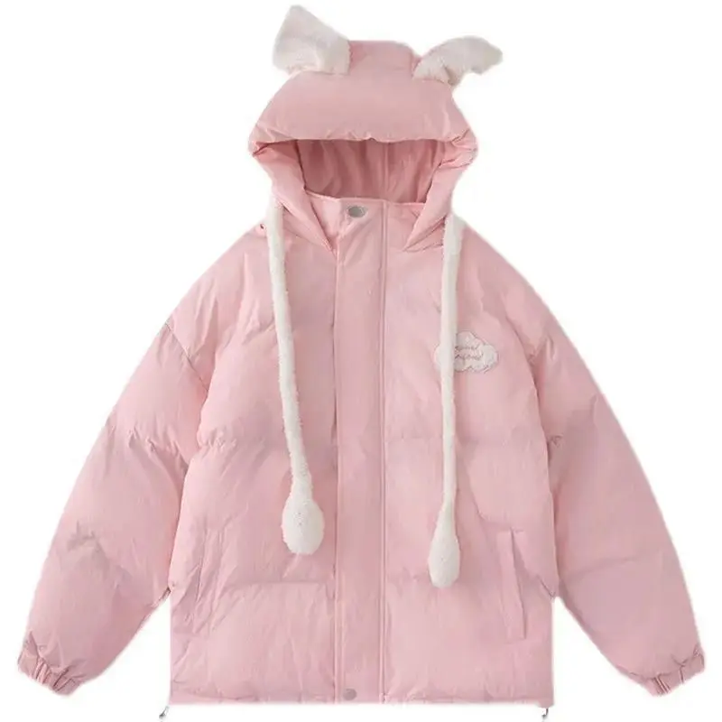 Cotton-padded Jacket Women 2024 Winter Plus Velvet Thick Padded Coat Rabbit Ears Can Move Korean Style Loose Hooded Warm Coats