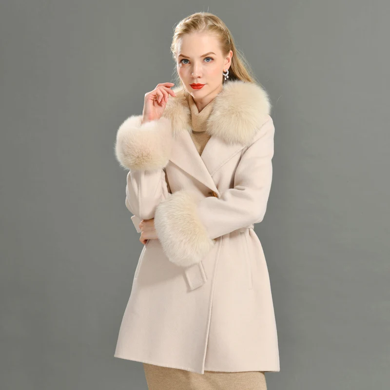 Jxwatcher Women Solid Color Double-sided Cashmere Coat Ladies Fall Winter New Woolen Blazer with Belt Real Fur Collar and Cuffs