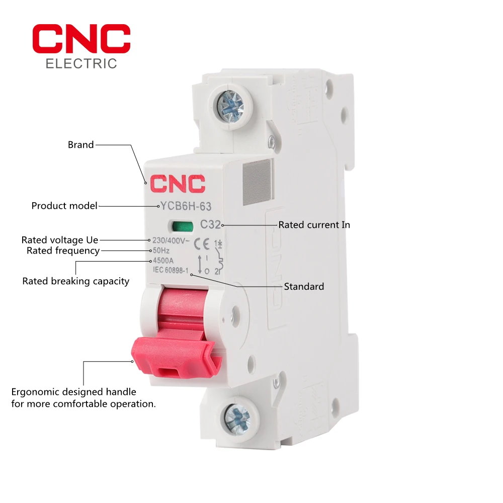 CNC YCB6H-63 Miniature Circuit Breaker 18mm 1-4 Poles 1P 6A/10A/16A/20A/25A/32A Din Rail Mount Breaking Capacity MCB