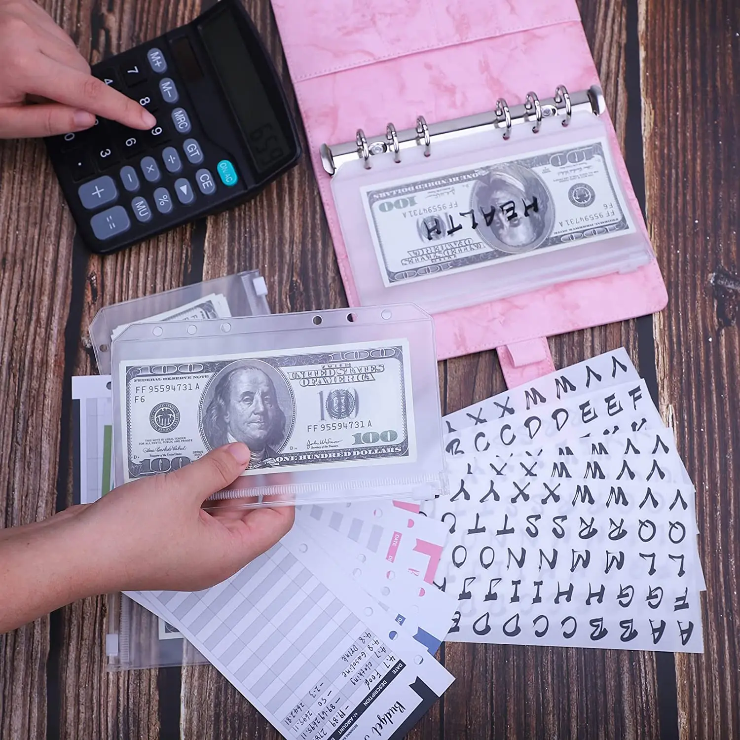 A6 PU Leather Budget Binder with Binder Pockets, Expense Budget Sheets, Sticker Labels,Budget Money Saving Cash Envelopes System