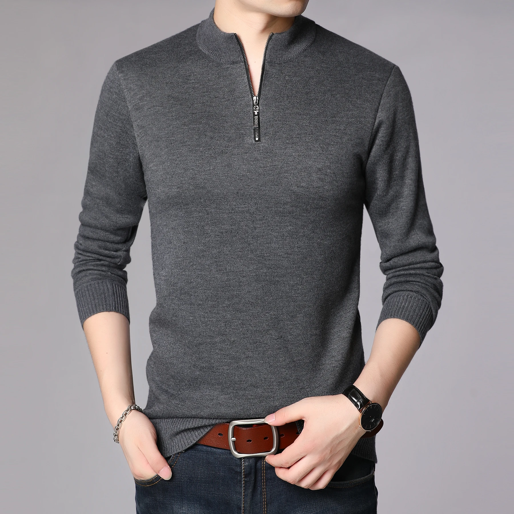 Winter New Leisure Male Zipper Sweater Long Sleeve Thicken Wool Sweater Mens Warm Sweater Pullovers