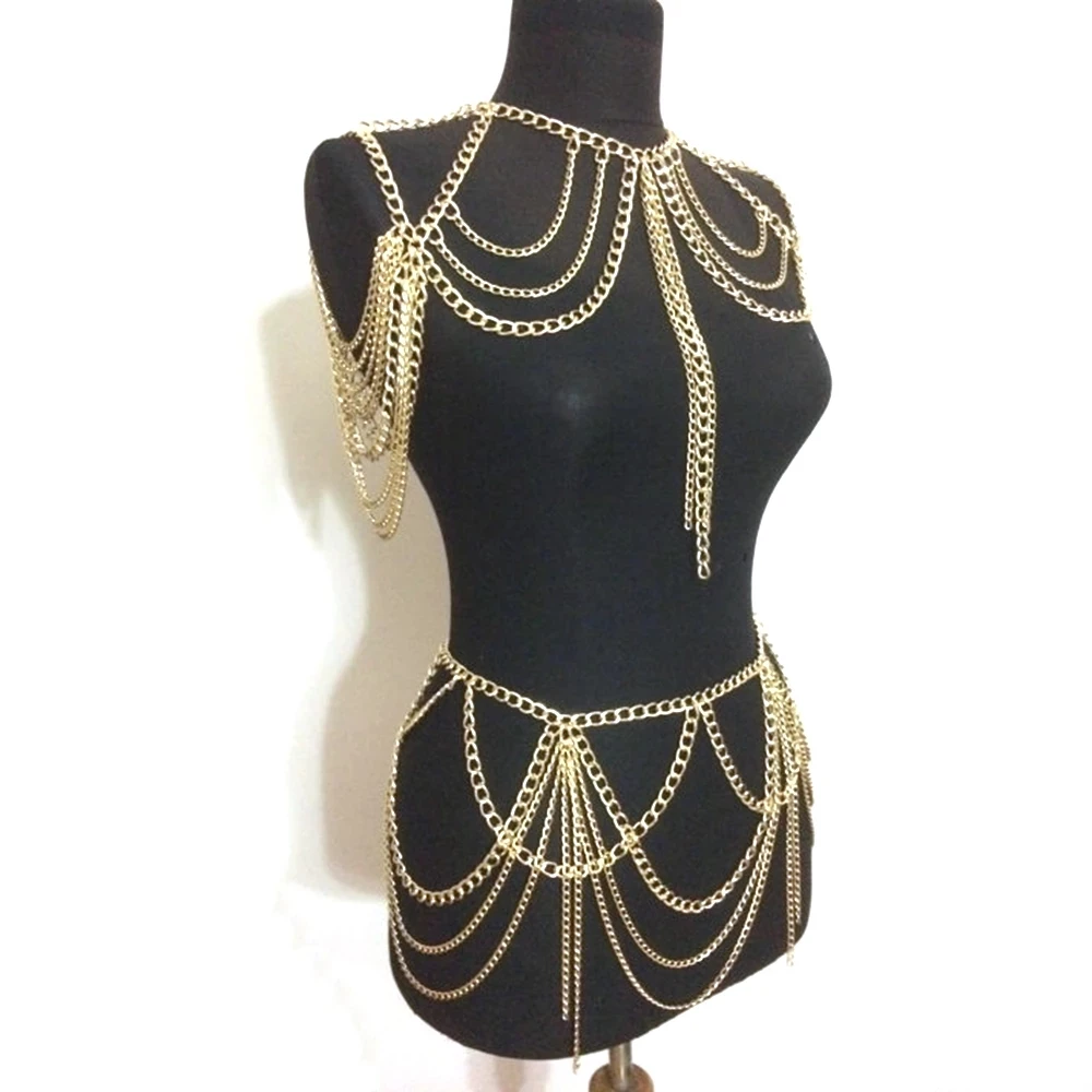 Stage body chains costume Fashion Jewelry Punk Heavy Metal Multilayer Tassel Gold Body ketting Long Necklace