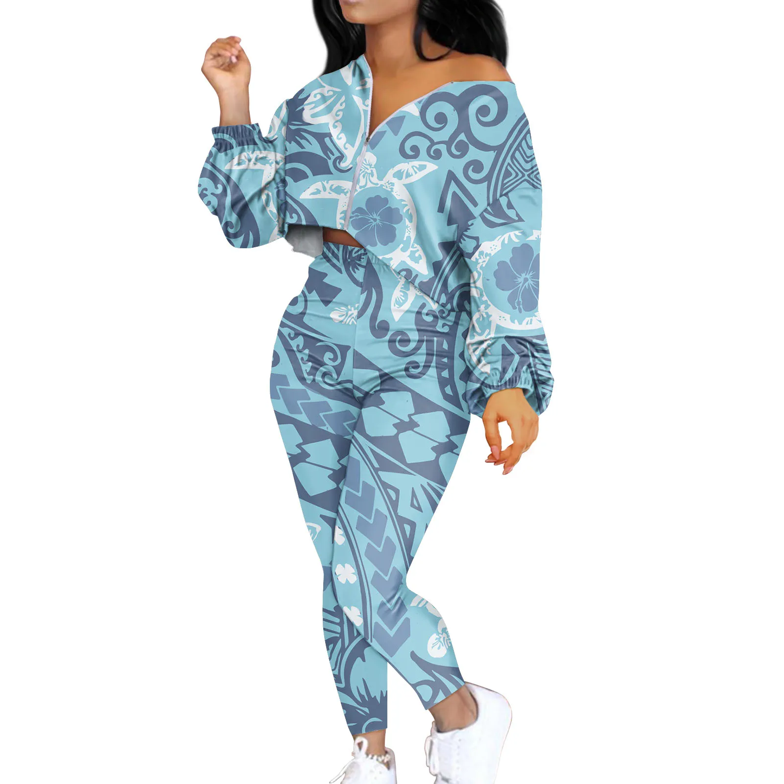 

2021 New Design Polynesia Tribe Hawaii Multi Pattern Design Extra size Women's Wear 2 Suit Loose Zip Baring Top Sportswear