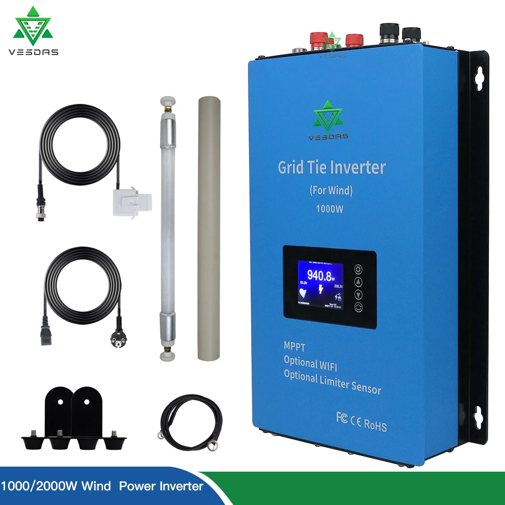 Mppt Wind Power Grid Tie Inverter 3m Limiter Sensor 1000w 2000w Rs485 110v 220v ac para Gerador de Turbina Eólica 24v 48v