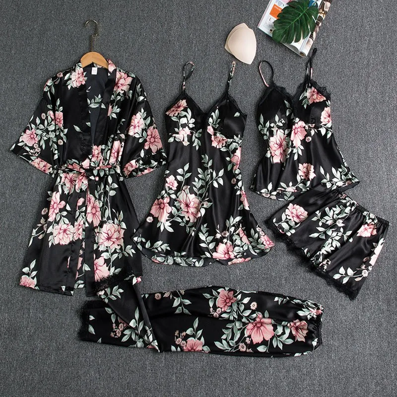 Bata de encaje de 5 piezas para mujer, Kimono de satén, bata de baño, camisón Sexy, ropa de dormir con almohadillas, lencería íntima