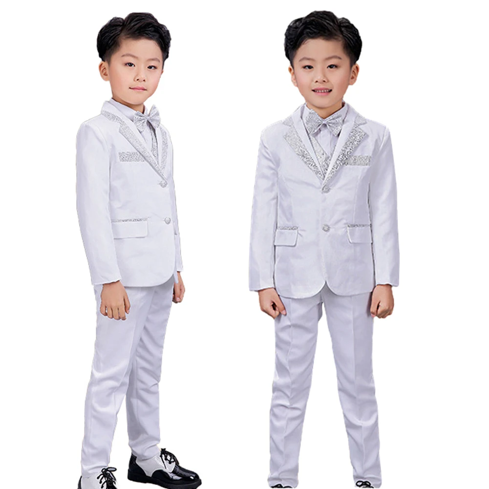 

Lolanta 4Pcs Toddler Boys Tuxedo Suit White Silver Formal Attire Set Birthday Wedding Party Outfit for Kids Piano Performance