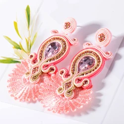 Soutache weaving Lace Dangle earrings for women Fashion fine shiny crystal Colorful Long Earring blue pink violet beautiful gift