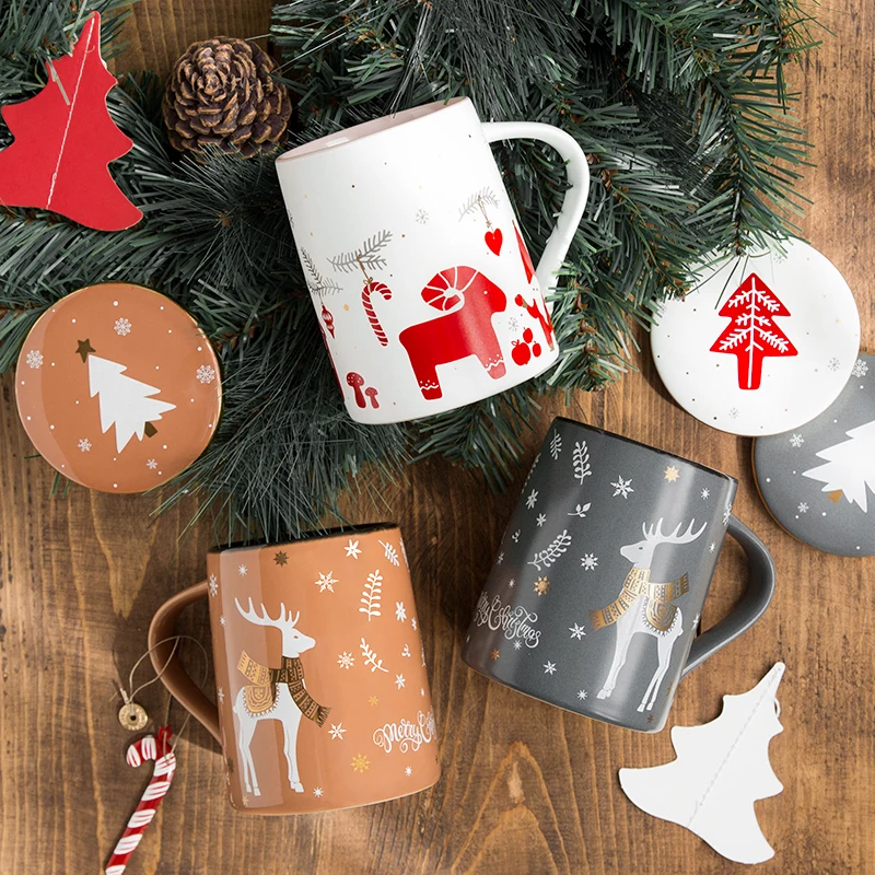 Christmas Gift Box Cute Ceramic Mugs With 304 Stainless steel Spoon Lid Coffee Tea Cups Large Capacity 400ML Europe Style