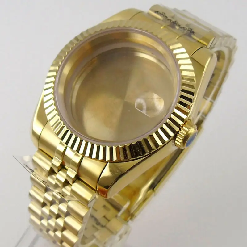 36MM Golden plated Fluted Bezel Watch Case Fit NH35 NH36 Miyota 8215 2836 movement