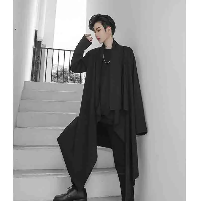 Men's cardigan spring and autumn long loose windbreaker men's casual coat shawl youth trend black large size