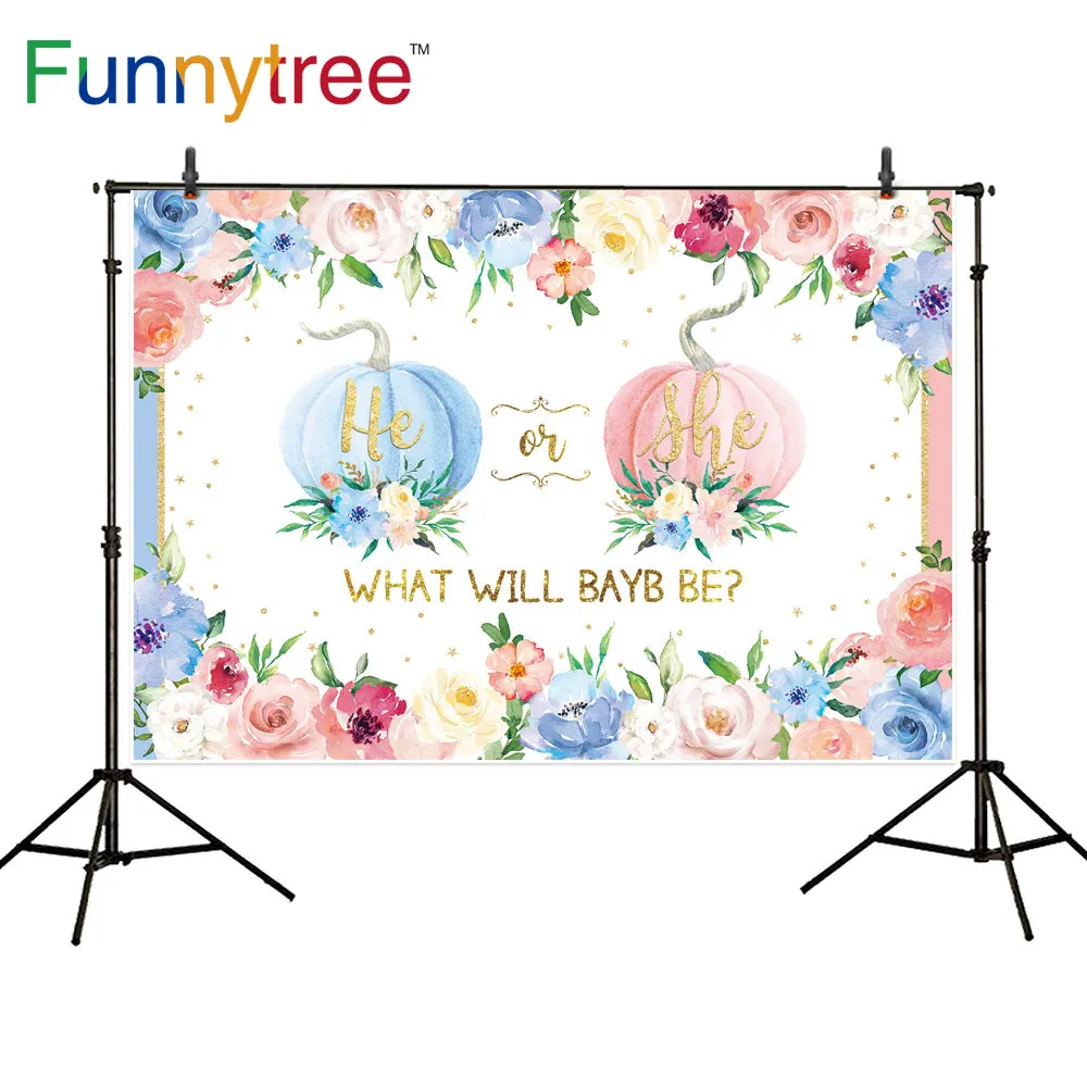 Funnytree Pumpkin Autumn Flower Backdrop Gender Reveal Boy or Girl Party Background Newborn Baby Photocall Photozone Decoration