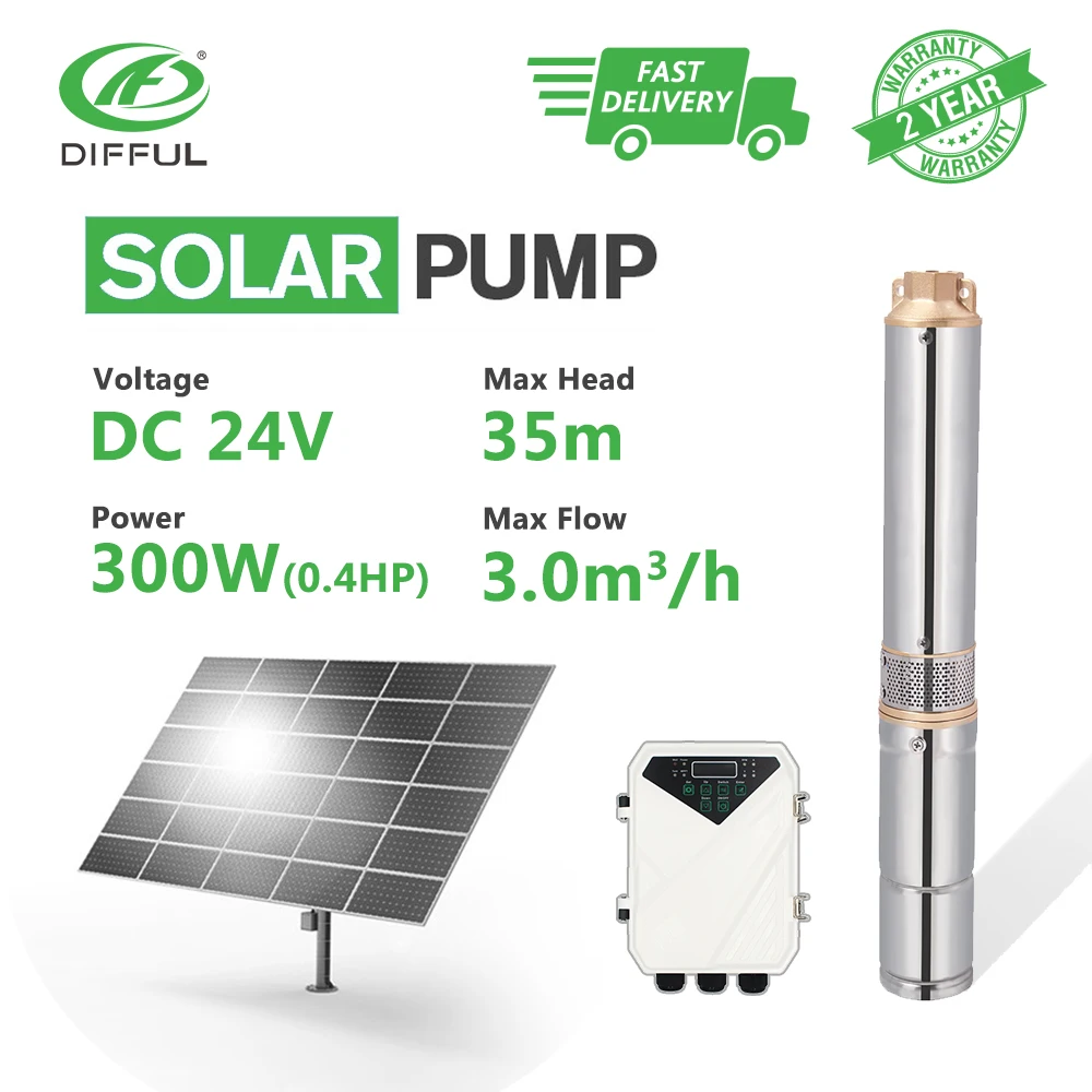 

3" DC Deep Well Solar Water Pump 24V 300W Submersible MPPT Controller Bore Hole Irrigation Kits (Head 35m, 3000L/H)
