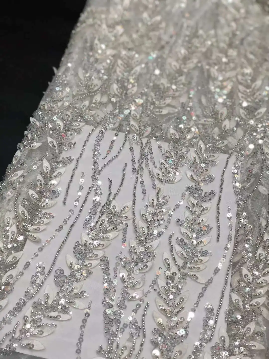 White Mesh Lace Fabric Sequins Beads Craft Tulle Embroidery Sewing Prom Bridal Gown Wedding Dress Skirt 5 Yards Trimming Bpodq