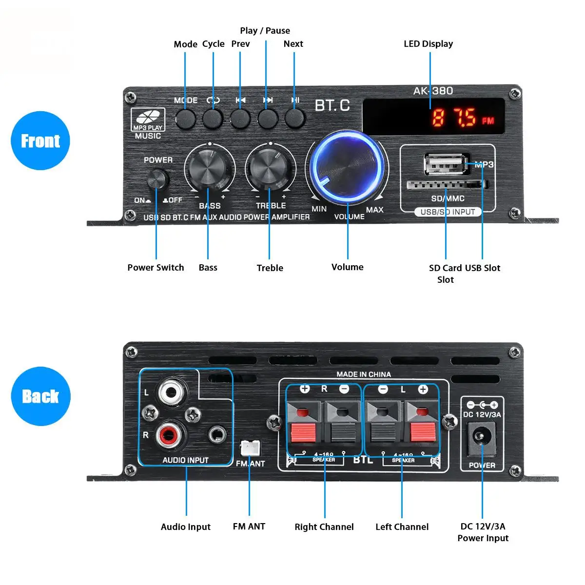 AK35 AK380/AK170 Bluetooth Class D Amplifier Power Amplifier Audio Karaoke Home Theater Amplifier 2 Channel USB/SD AUX Input