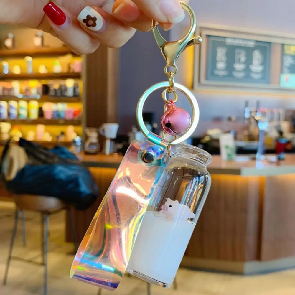 Floating Milk Pig Key Chain Drift Bottle Glass Holographic Lanyard Bell Key Pendant Decoration