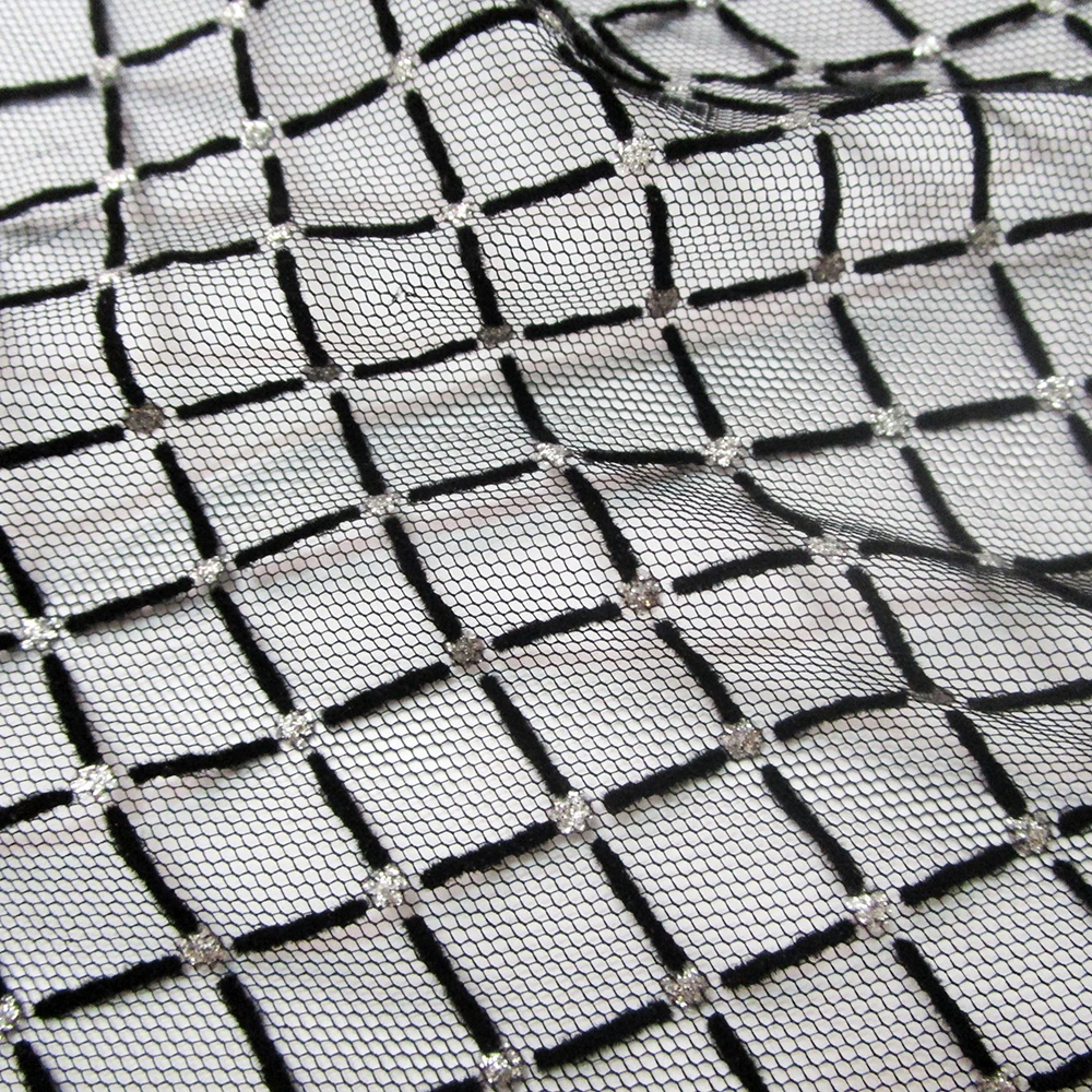 Fashion Print Shining Tulle Fabric, Wedding Decor, Mesh Fabric, Black Flocking Checkered Cloth, Sewing Girl Princess Dress