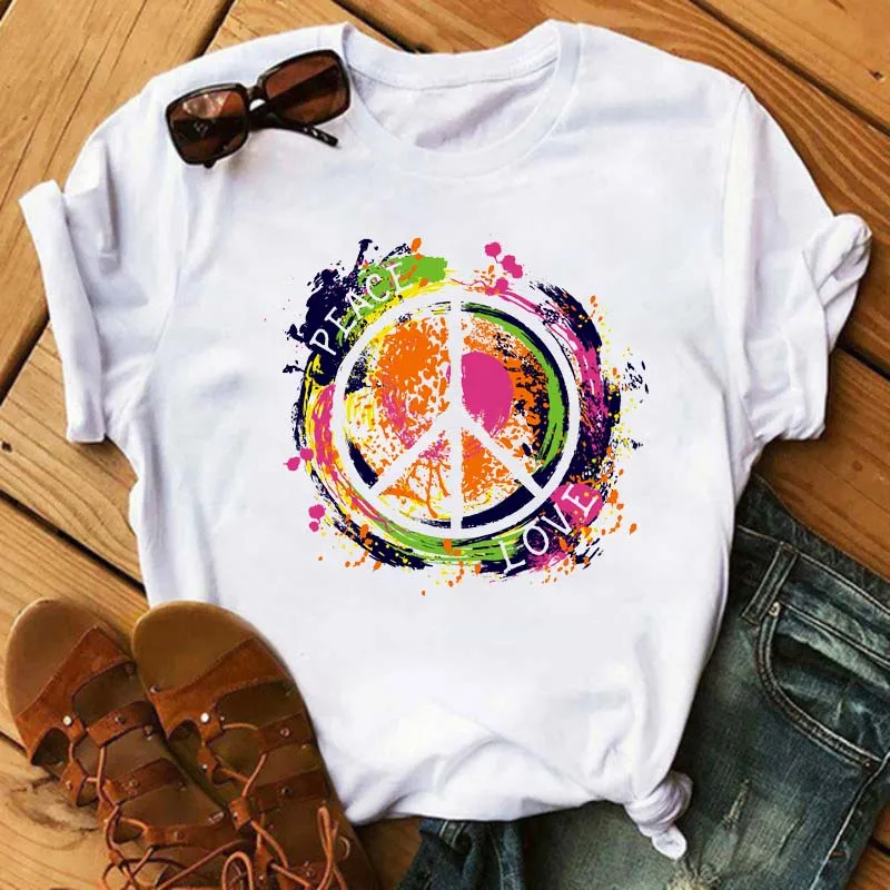 Peace Love Fashion Print Harajuku Top Goth Women T-shirt Casual ladies basic O-collar Short Sleeved White T-shirt Girl,Drop Ship