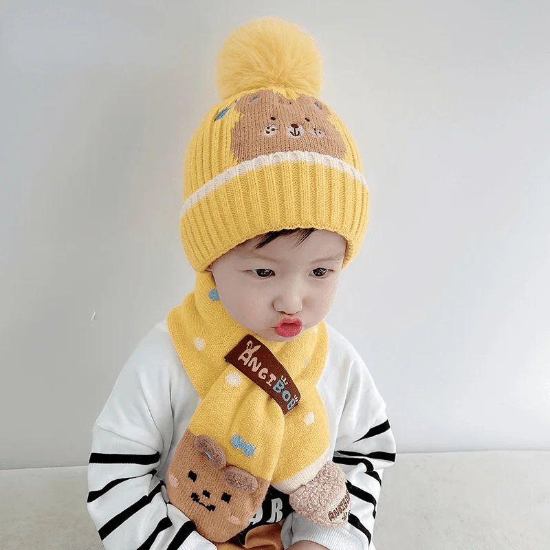 Children\'s winter/autumn woolen cap for boys and girls warm scarf gloves combination baby jumper knitted hat