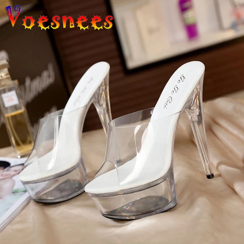 Voesnees Women Sandal Female Model T Station Catwalk Sexy Crystal Transparent Shoes 15CM High Heels Waterproof Head Sandals