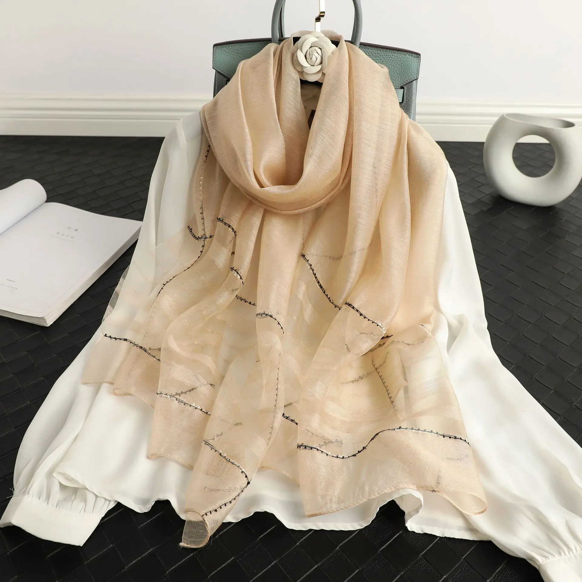 High quality 2024 new scarf real silk wool Women Long scarves Shawl Female hijab wrap Summer Beach Cover-ups Scarves Bandana