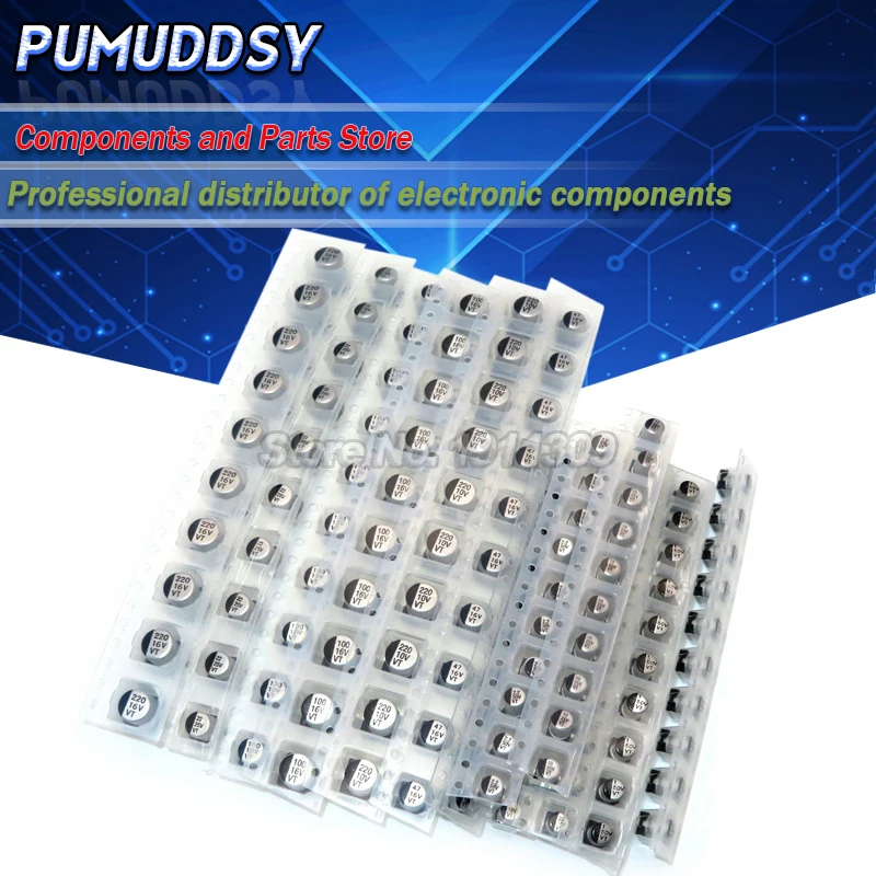 130PCS 1uF-220uF SMD Aluminum Electrolytic Capacitor Assorted Kit Set, 13values*10pcs=130PCS Samples Kit