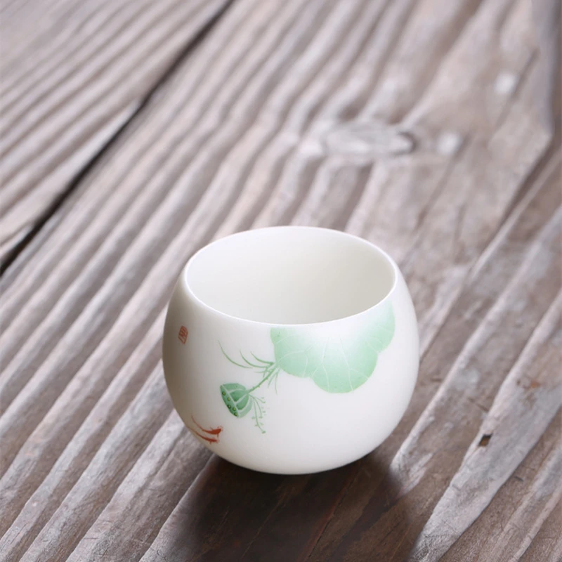 

Mutton Fat Jade Porcelain tea cup handpainted master cup floral print personal kungfu cups 80ml on sales in China