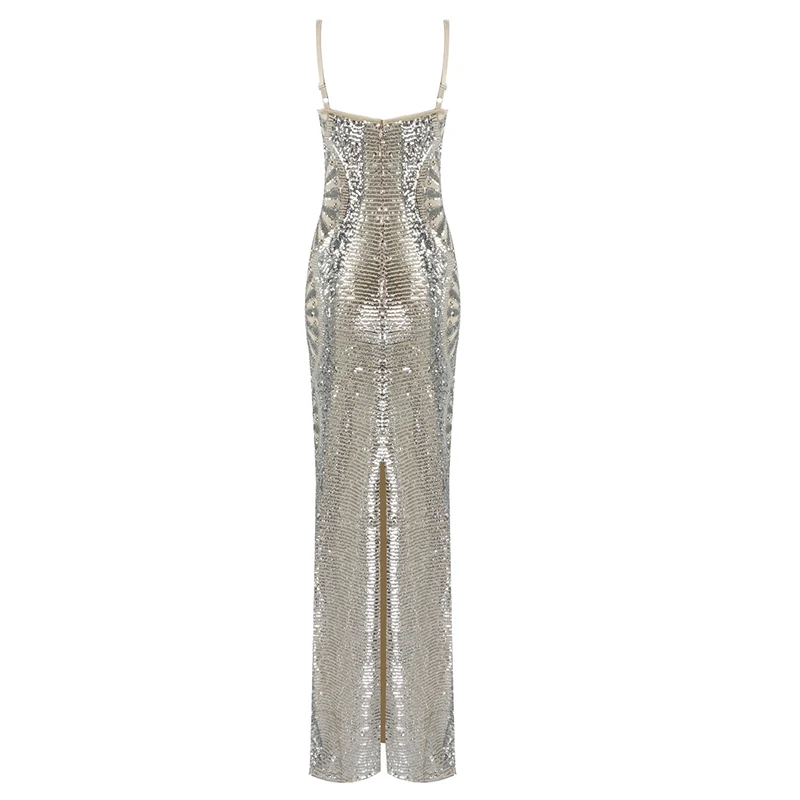 VC-Long Slip Dress with Silver Sequins, Ruffles Design, Sexy V Neck, Backless, Celebrity Party, Club Maxi, Chic