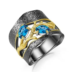 Hot Black Gold Plated Petal Floral Aquamarine Ring for Women Wedding Size 6-10