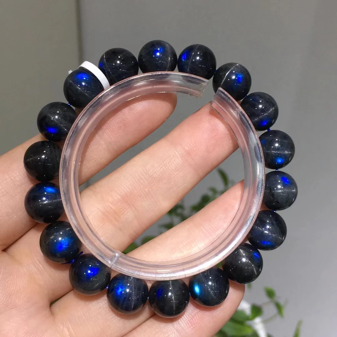 Natural Black Labradorite Blue Light Bracelet Crystal Clear Round Beads Women Men 11mm 12mm 13mm AAAAA