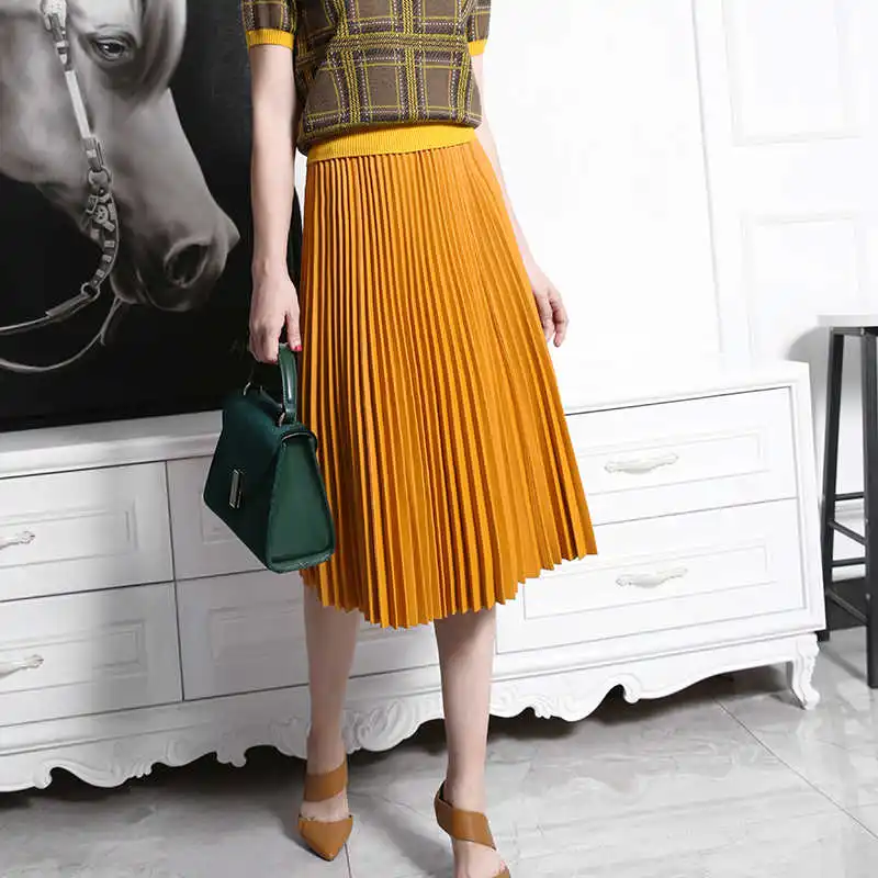 

Genuine Leather Real Skeepskin High Waist Skirt Women Autumn Winter Long Maxi Mid Length Elegant Ladies Office Plated Skirts