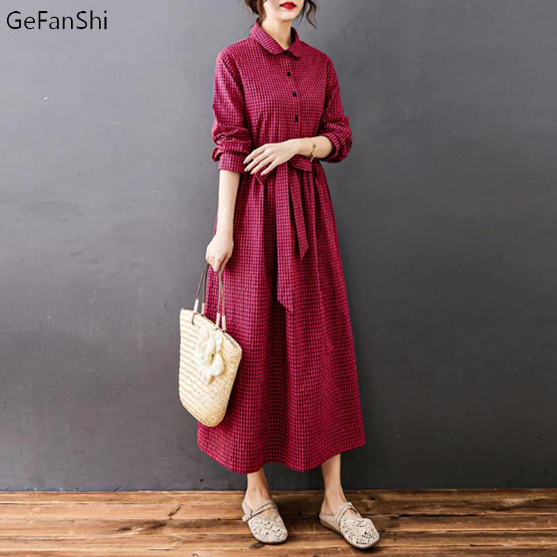 

2023 Autumn Winter Women Dress Vintage Plaid Casual Loose Fashion Cotton Linen Long Sleeve Elegant Ladies Spring Dresses Girl