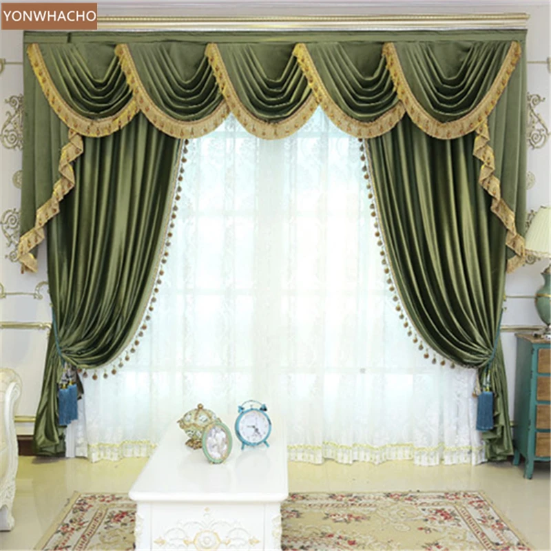 

Custom curtains High-quality Dutch velvet luxury solid Olive green thick cloth blackout curtain tulle valance drape B784